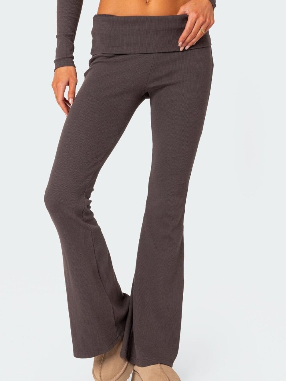 Edikted Dark Gray Ribbed Foldover Flare Pants XS
